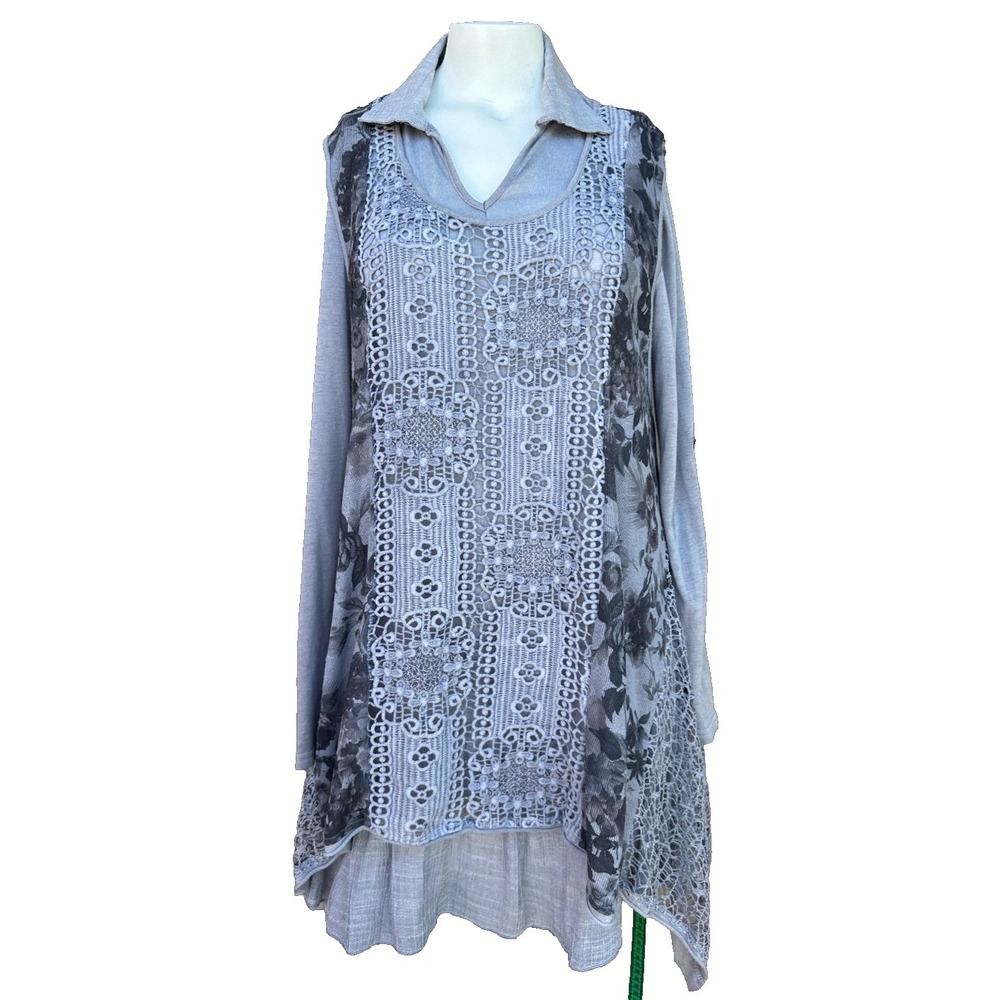 Gray Crochet Patchwork Tunic Top L Lagenlook Boho Ruffle Lace Roll Tab Sleeve